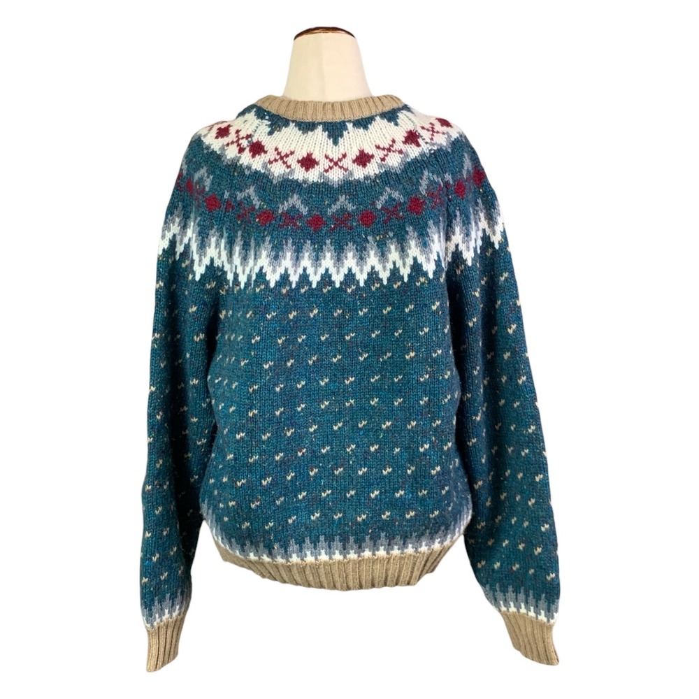 Vintage St Johns Bay Fair Isle Wool Blend Crew Neck Sweater Teal Blue XL